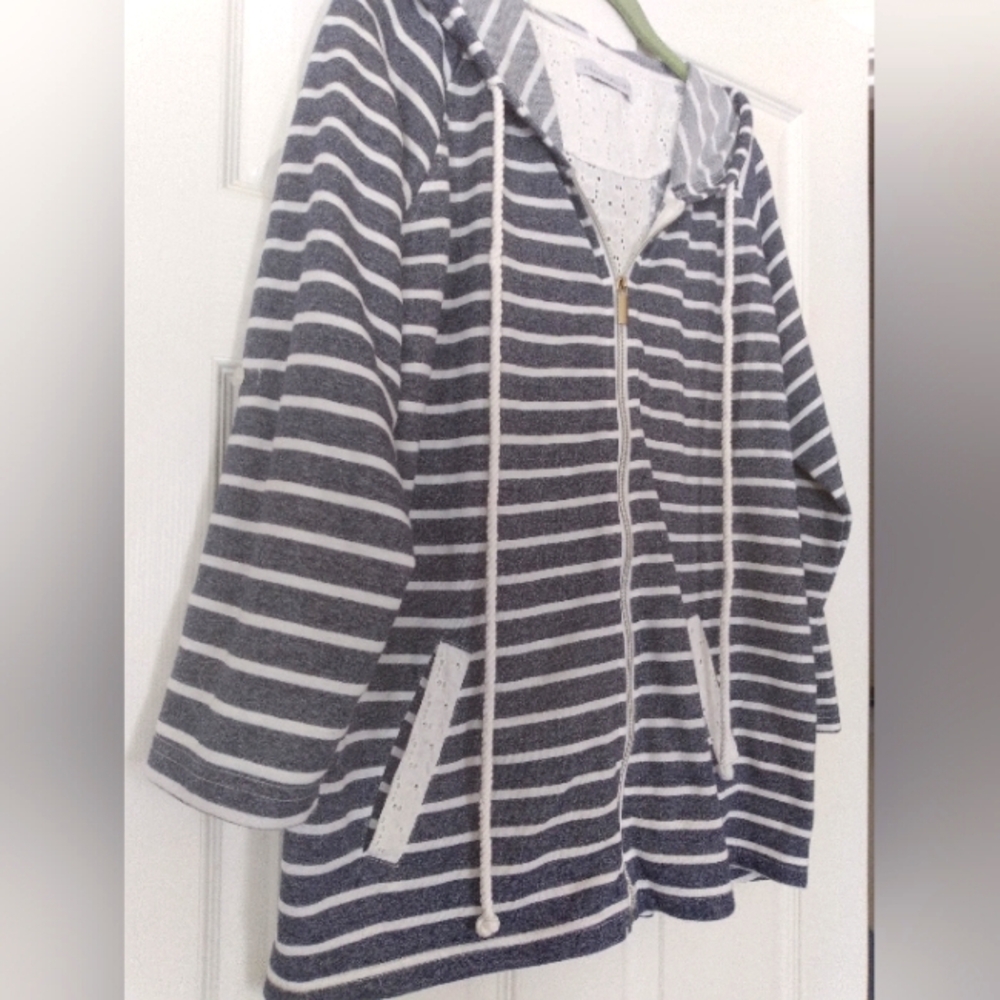 Karen Hart  Blue/White Striped‎  Hoodie with Eyelet Accent Cotton Blend Nautical